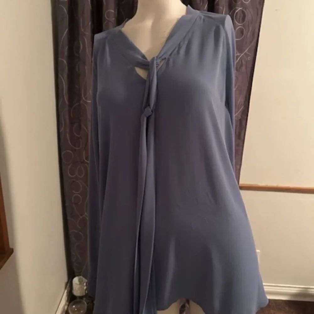 Loft Dusty Blue tie neck long sleeves blouse, size XL